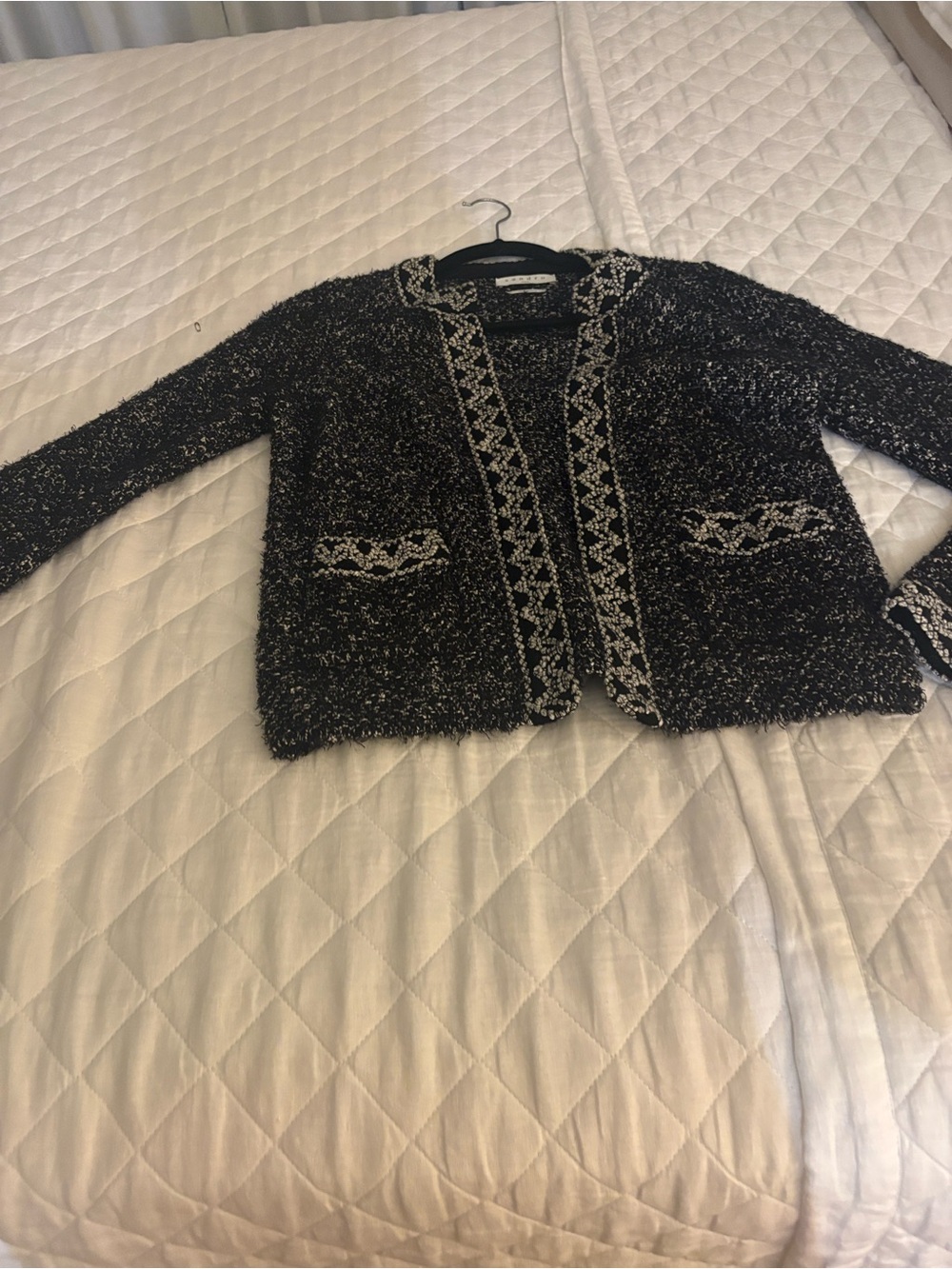 Sandro Paris Textured Black & White Open-Front Bouclé Jacket Size 2 Medium